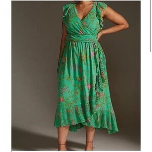 Anthropologie Ruffle-Sleeve Floral-Wrap Midi Dress Plus size